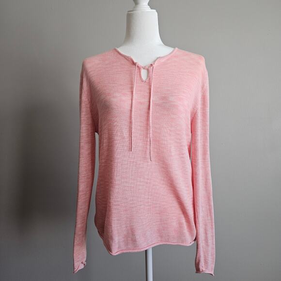 Woolrich Women's Ramie Cotton Blend Sweater Petal Pink Tie Neck Lightweight M - Picture 2 of 12